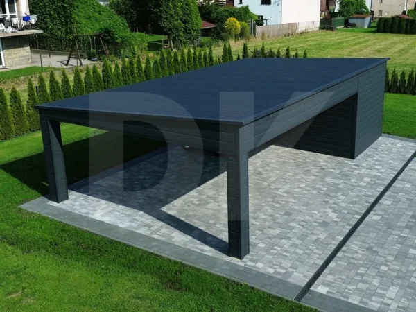 Modern fedett beálló tárolóval 9m x 5.5m antacitszürke