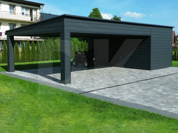 Modern fedett beálló tárolóval 9m x 5.5m antacitszürke