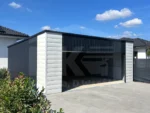Mobilgarázs 7m x 6m hátra lejtős tető szekcionált kapuval