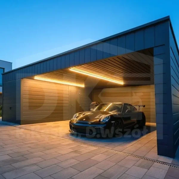 Modern fedett beálló tárolóval 9m x 6m antacitszürke